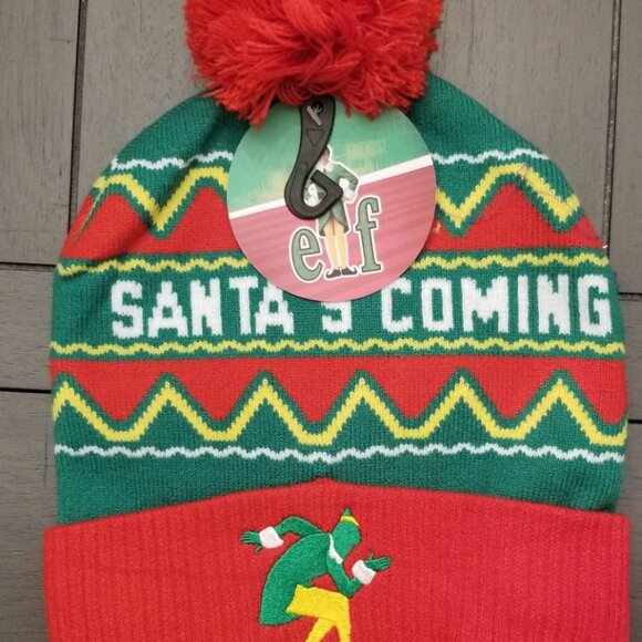 Buddy thge Elf Santa's Coming Red & Green Pom Pom Beanie Hat - Picture 5 of 6